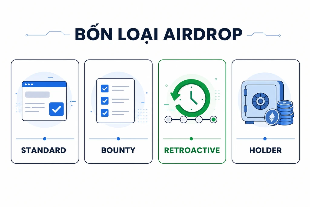Infographic tiếng Việt phân loại bốn loại airdrop crypto: standard, bounty, retroactive và holder, mỗi loại có biểu tượng đại diện và điều kiện tham gia riêng
