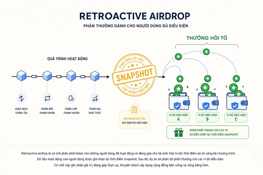 Sơ đồ retroactive airdrop với timeline snapshot on-chain, các giao dịch quá khứ được quét và token thưởng hồi tố bay tới ba ví crypto đủ điều kiện