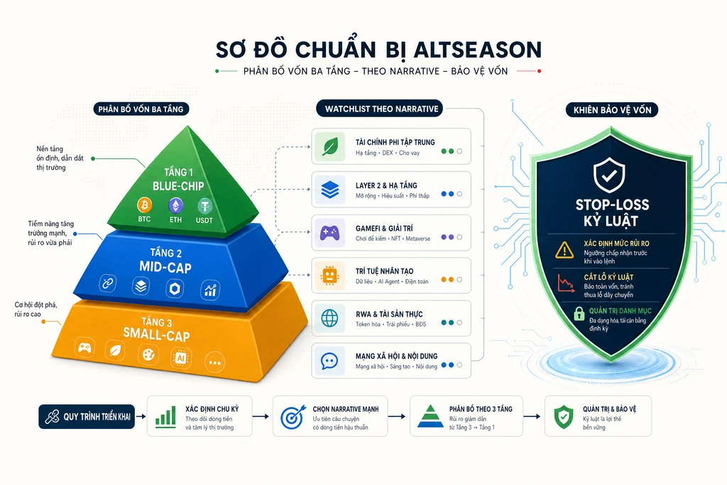 Sơ đồ chuẩn bị altseason phân bổ vốn ba tầng blue-chip mid-cap small-cap kèm watchlist theo narrative và khiên bảo vệ stop-loss