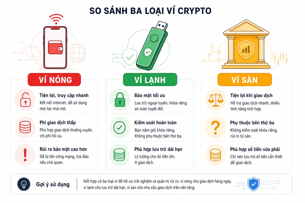 Sơ đồ so sánh ba loại ví crypto phổ biến: ví nóng, ví lạnh và ví sàn với mức độ an toàn và biểu tượng minh hoạ tương ứng