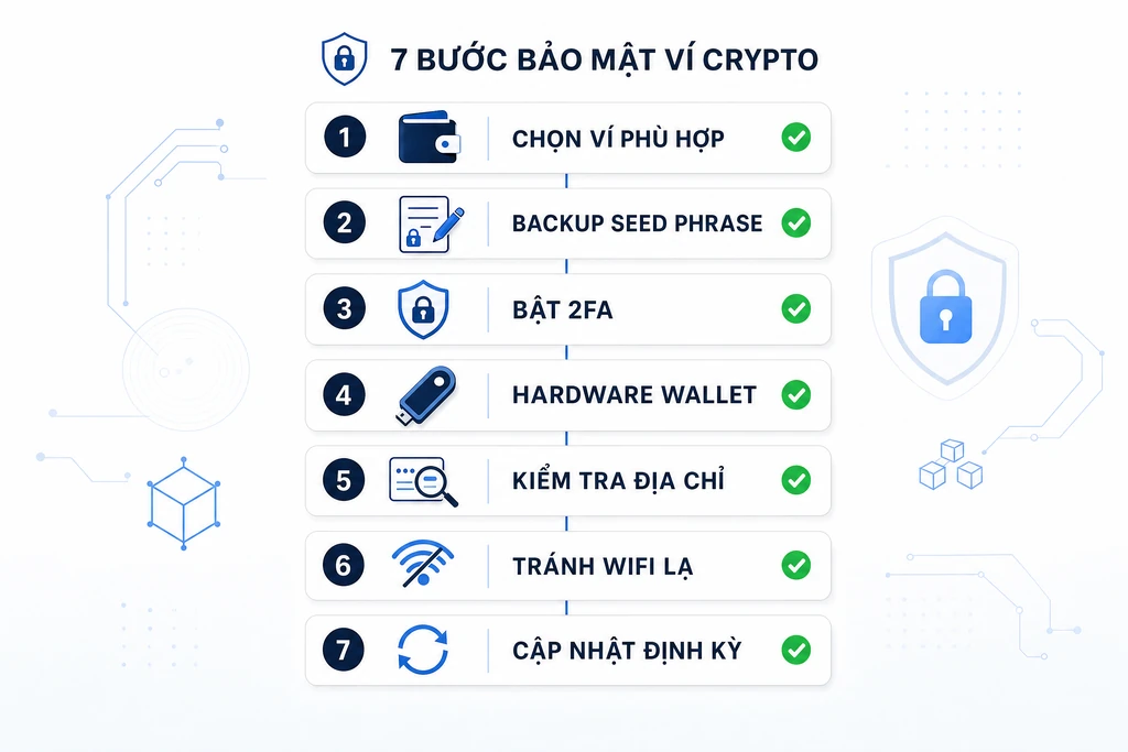 Checklist 7 bước bảo mật ví crypto: chọn ví, backup seed, bật 2FA, hardware wallet, kiểm địa chỉ, tránh wifi, cập nhật