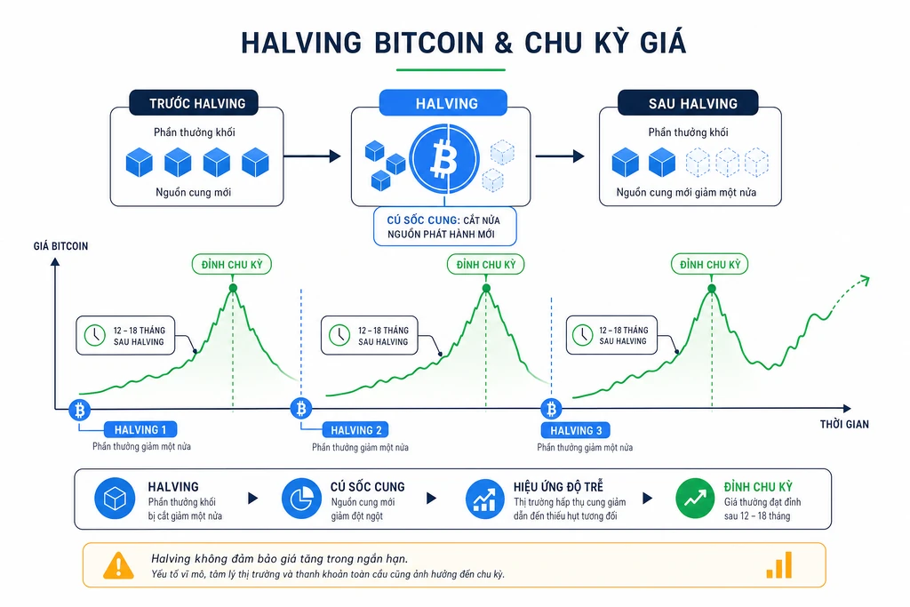 Sơ đồ minh hoạ tác động halving đến giá Bitcoin: cú sốc cung cắt nửa nguồn phát hành mới và các đỉnh chu kỳ giá xuất hiện sau halving 12 đến 18 tháng