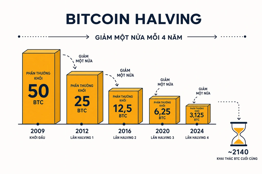 Infographic Bitcoin halving với 5 cột bậc thang giảm một nửa mỗi 4 năm từ 50 BTC năm 2009 xuống 3,125 BTC năm 2024