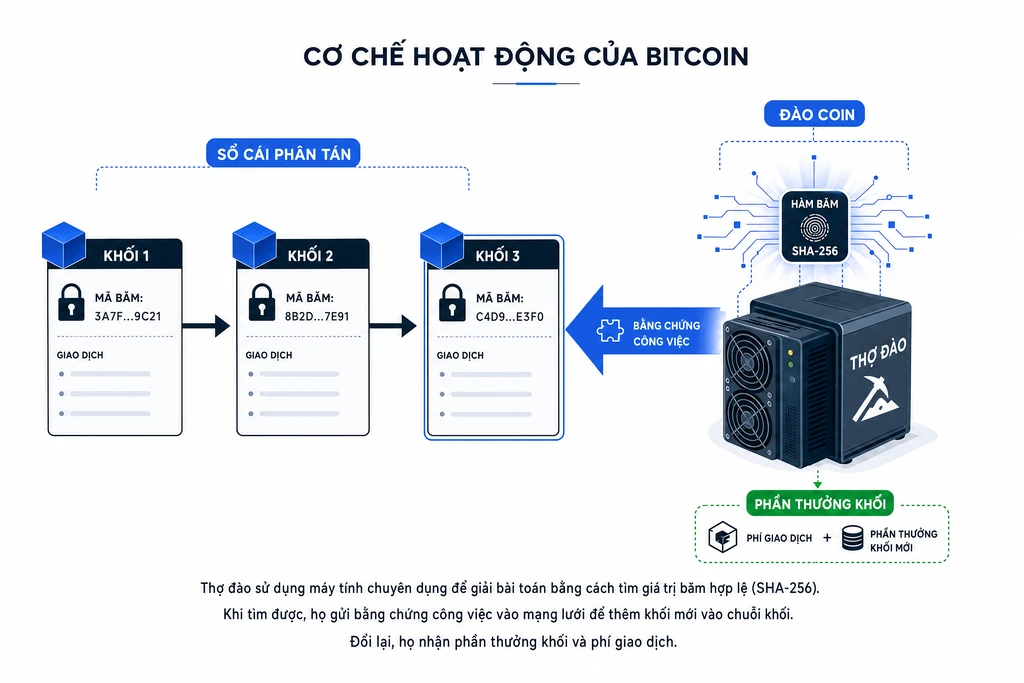 Sơ đồ giáo dục về cơ chế Bitcoin: chuỗi khối, thợ đào SHA-256 và cơ chế Proof-of-Work với nhãn tiếng Việt