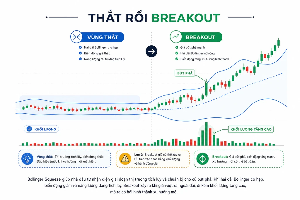 Minh họa Bollinger Squeeze với dải thắt lại rất hẹp rồi nở rộng khi giá breakout kèm khối lượng tăng trên biểu đồ crypto