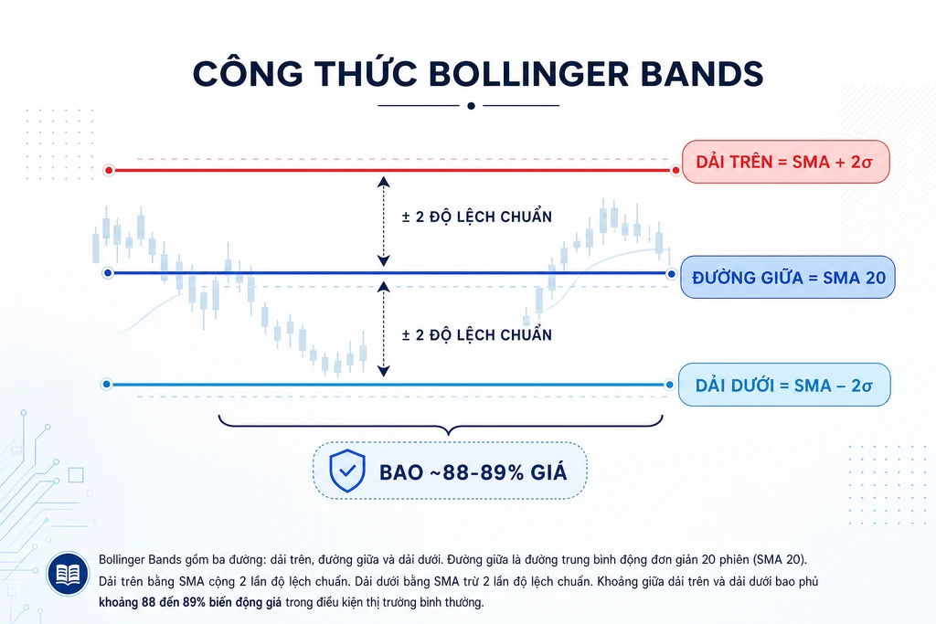 Sơ đồ giải phẫu công thức Bollinger Bands 20-2 với ba đường SMA và dải trên dưới cùng nhãn cộng trừ 2 độ lệch chuẩn