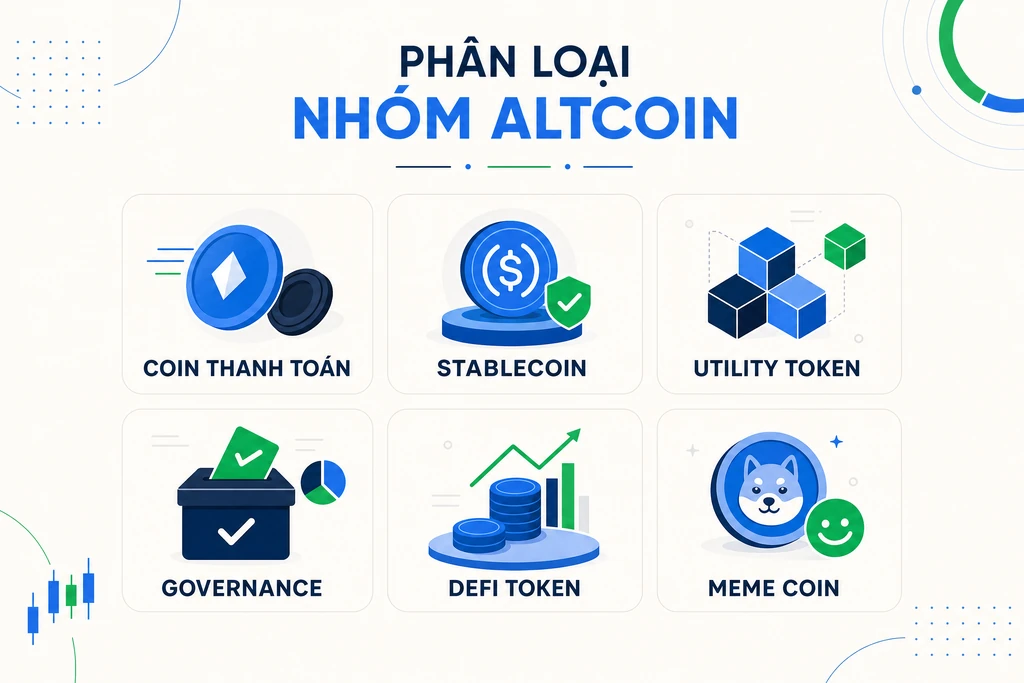 Sáu nhóm altcoin phổ biến: coin thanh toán, stablecoin, utility token, governance, DeFi token, meme coin