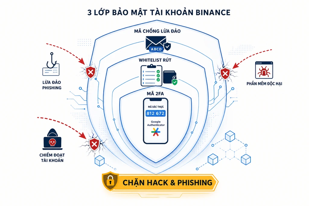 Infographic ba lớp bảo mật Binance chống hack: mã 2FA Google Authenticator, whitelist địa chỉ rút và mã chống lừa đảo trong email