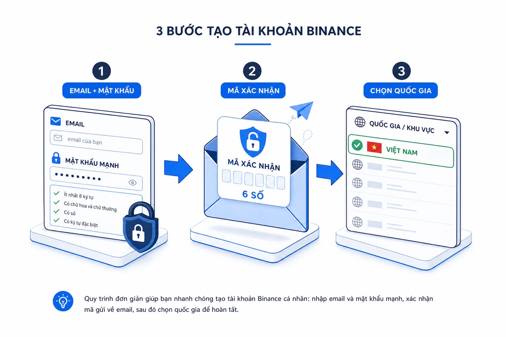 Sơ đồ ba bước tạo tài khoản Binance: nhập email cùng mật khẩu mạnh, xác nhận mã 6 số qua email, chọn quốc gia Việt Nam