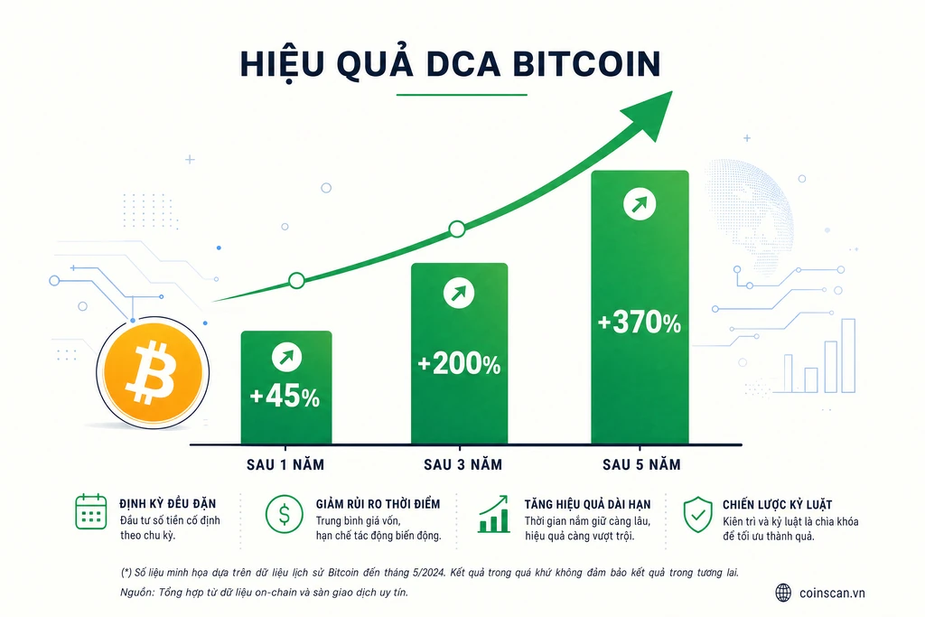Biểu đồ tăng trưởng danh mục DCA Bitcoin qua các cửa sổ thời gian 1 năm, 3 năm và 5 năm với lợi nhuận tích luỹ đều đặn