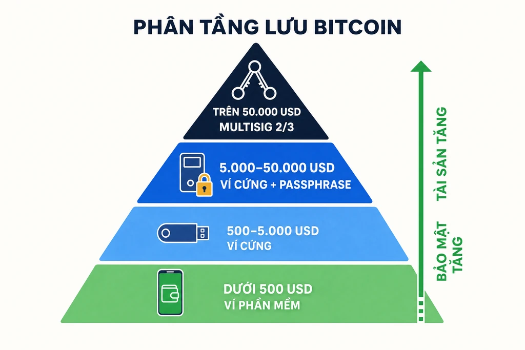 Sơ đồ phân tầng cách lưu Bitcoin theo mức tài sản: ví phần mềm cho dưới 500 USD, ví cứng cho 1000 đến 50000 USD, multisig 2 trên 3 cho trên 50000 USD