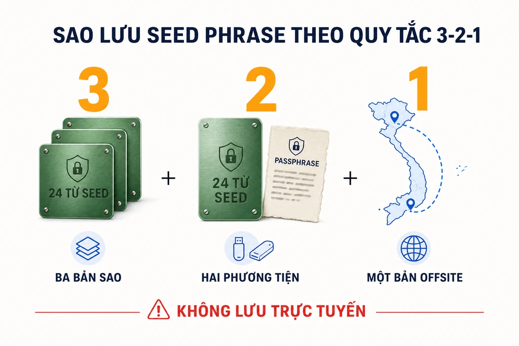 Infographic quy tắc sao lưu seed phrase 3-2-1: ba bản sao khắc thép không gỉ, hai phương tiện lưu trữ, một bản offsite ở địa điểm địa lý khác nhau