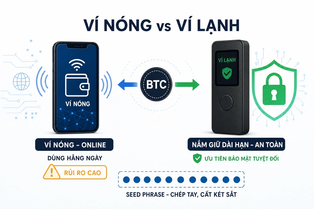 Infographic so sánh ví nóng và ví lạnh cho Bitcoin: ví nóng cảnh báo rủi ro cao, ví lạnh phần cứng an toàn dài hạn kèm hướng dẫn bảo vệ seed phrase