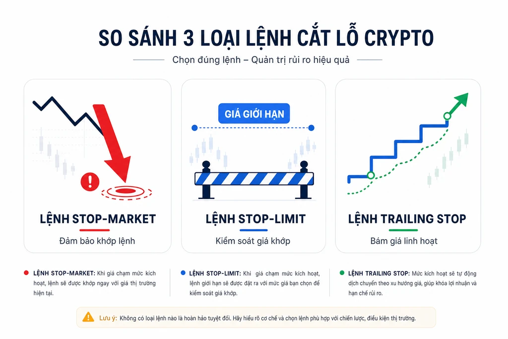 Infographic so sánh ba loại lệnh cắt lỗ stop-market, stop-limit và trailing stop trên sàn crypto
