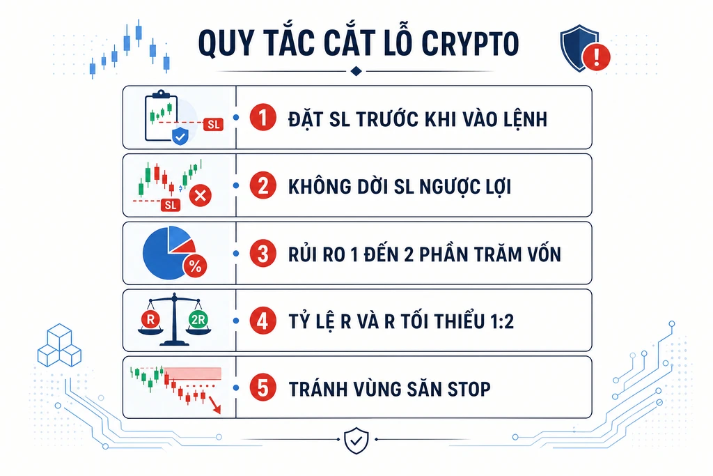 Infographic năm quy tắc cắt lỗ bất di bất dịch trong crypto về đặt SL trước, không dời SL ngược lợi và tỷ lệ R:R