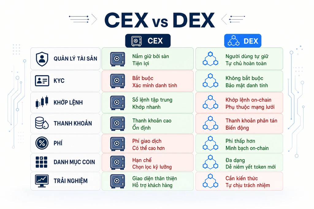 Bảng đối chiếu 7 khác biệt cốt lõi giữa sàn CEX và DEX gồm quyền quản lý tài sản, KYC, khớp lệnh, thanh khoản, phí, danh mục coin và trải nghiệm