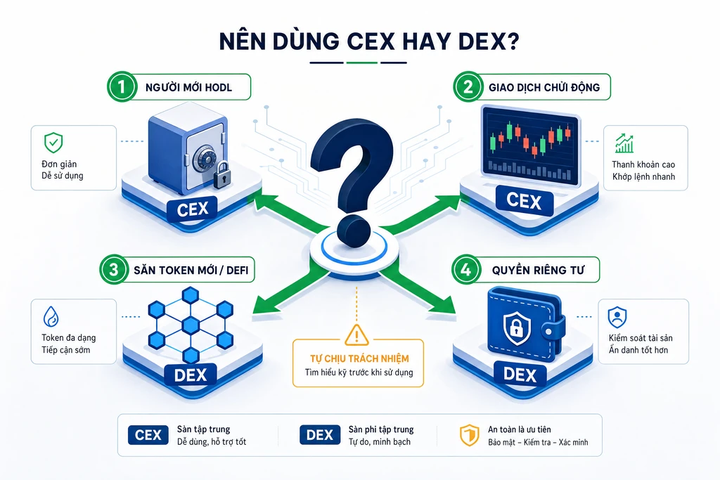 Sơ đồ gợi ý chọn sàn CEX hay DEX theo bốn nhu cầu người mới HODL, giao dịch chủ động, săn token mới DeFi và ưu tiên quyền riêng tư