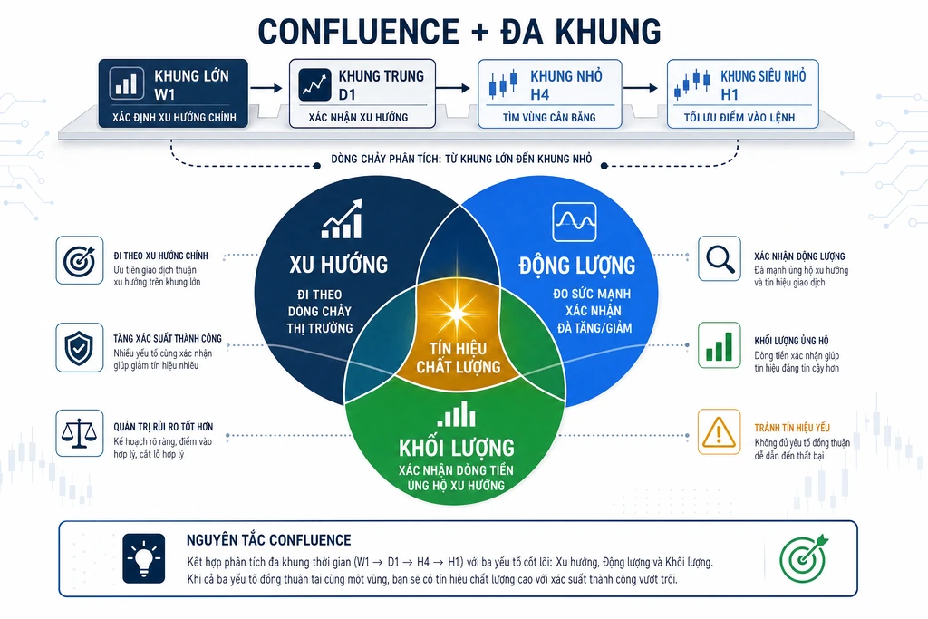 Sơ đồ nguyên tắc confluence ba nhóm chỉ báo và đa khung thời gian W1 D1 H4 H1 hội tụ về một điểm tín hiệu chất lượng cao