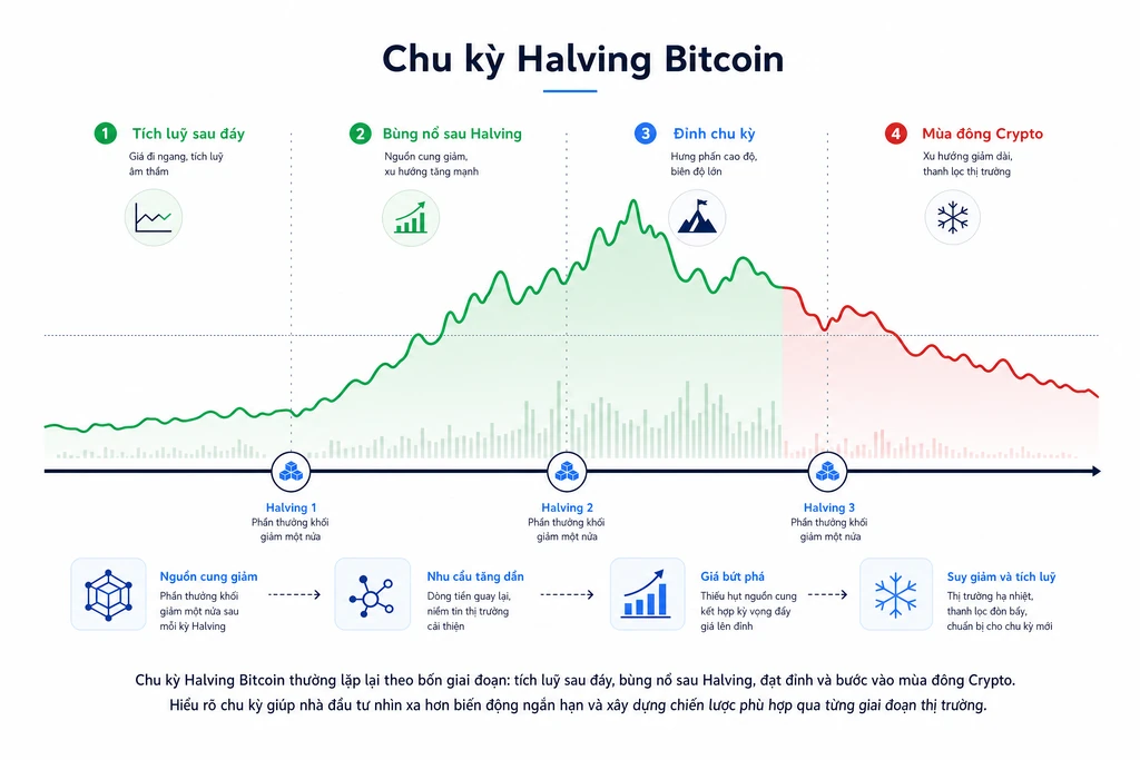 Sơ đồ bốn giai đoạn chu kỳ halving Bitcoin gồm tích luỹ sau đáy, bùng nổ sau halving, đỉnh chu kỳ và mùa đông crypto vẽ theo đường sóng giá