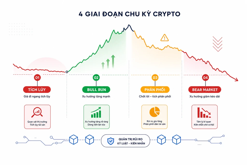 Infographic bốn giai đoạn chu kỳ crypto tích luỹ, bull run, phân phối, bear market vẽ trên đường sóng giá dài hạn