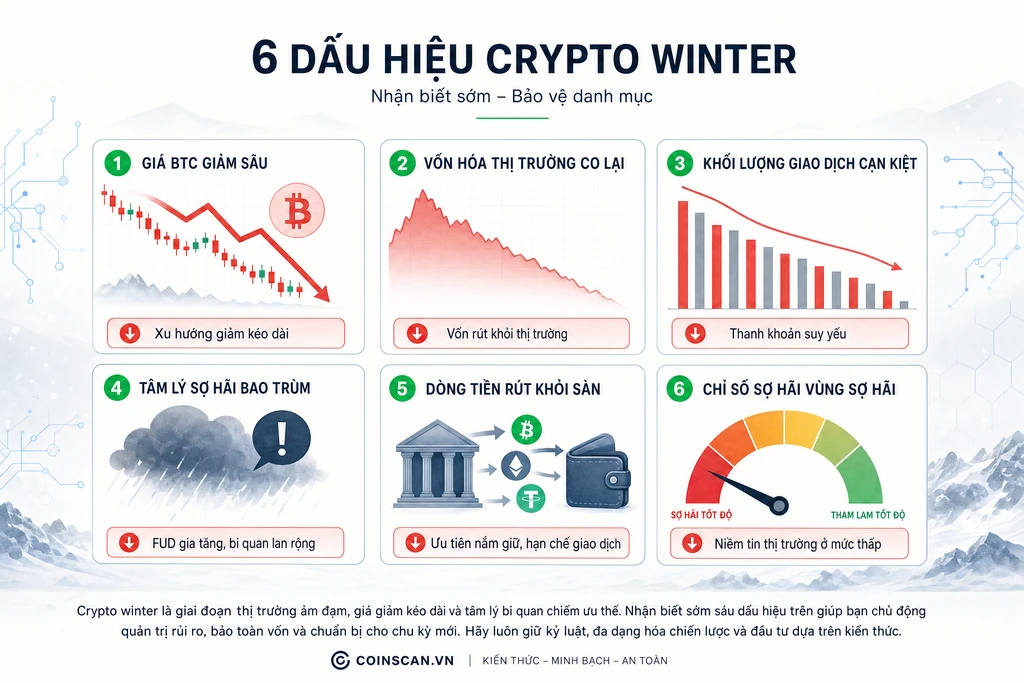 Infographic sáu dấu hiệu nhận biết crypto winter gồm giá Bitcoin giảm sâu, khối lượng cạn kiệt và Fear và Greed vùng sợ hãi