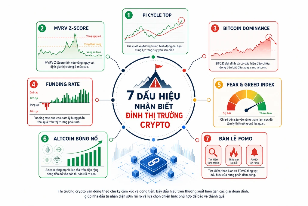 Infographic bảy dấu hiệu nhận biết đỉnh thị trường crypto gồm Pi Cycle Top MVRV Z-Score Bitcoin dominance funding rate Fear Greed altcoin bùng nổ và bán lẻ FOMO