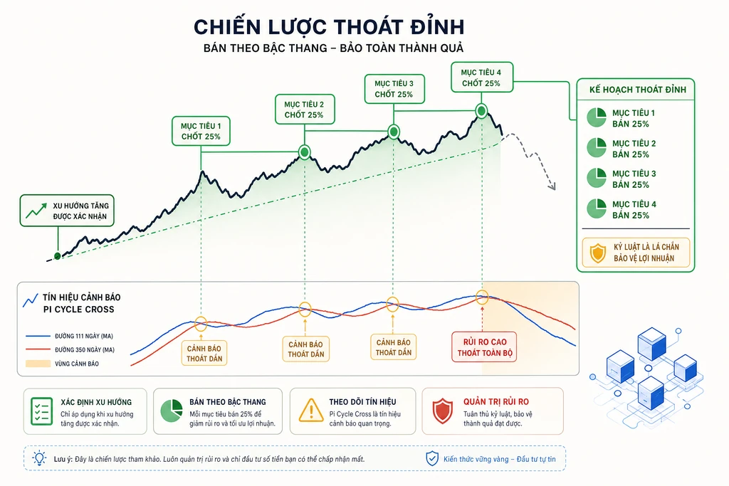 Sơ đồ chiến lược thoát đỉnh crypto theo bậc thang với bốn phần 25 phần trăm bán ở các mốc mục tiêu và tín hiệu cảnh báo Pi Cycle cross