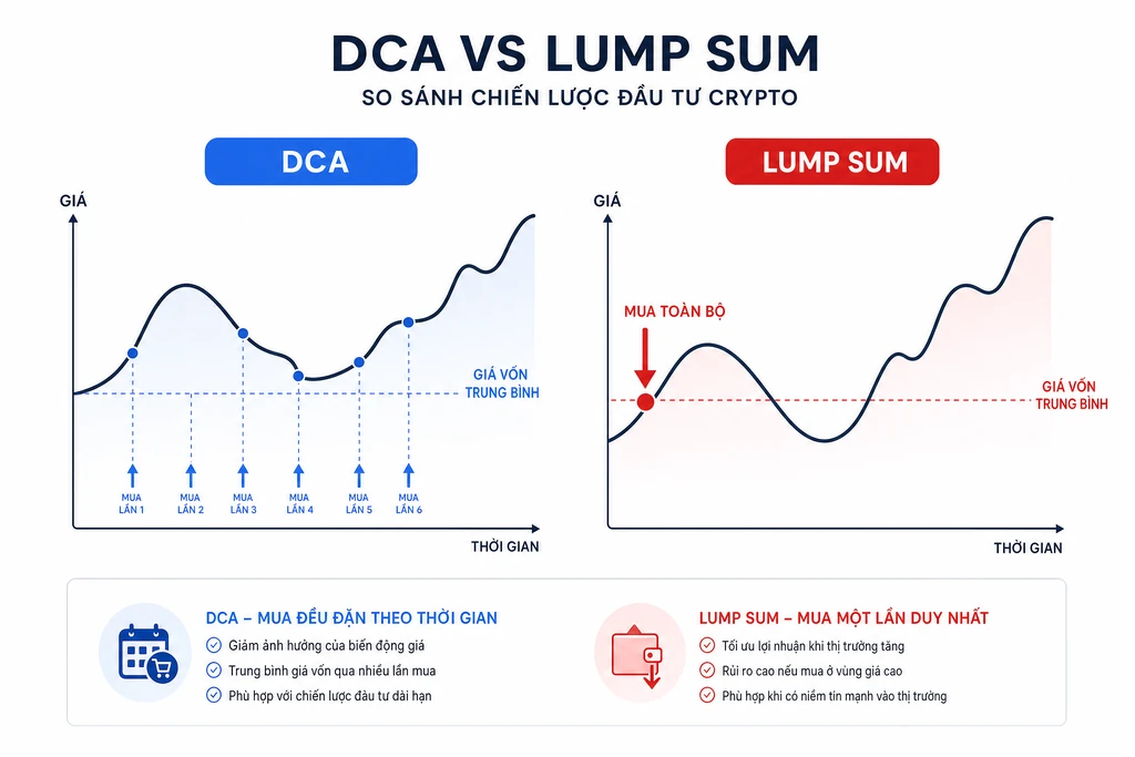 Sơ đồ so sánh chiến lược DCA rải đều nhiều điểm mua so với Lump Sum vào một điểm duy nhất trên biểu đồ giá crypto