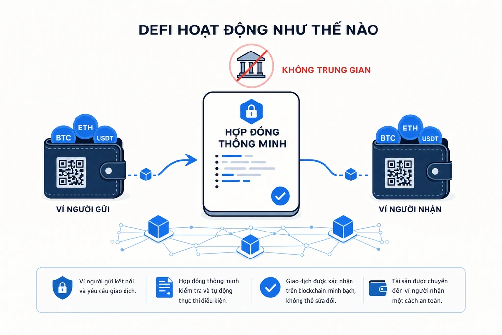 Sơ đồ DeFi hoạt động: hai ví crypto trao đổi giá trị qua smart contract thay thế ngân hàng trung gian với nhãn tiếng Việt