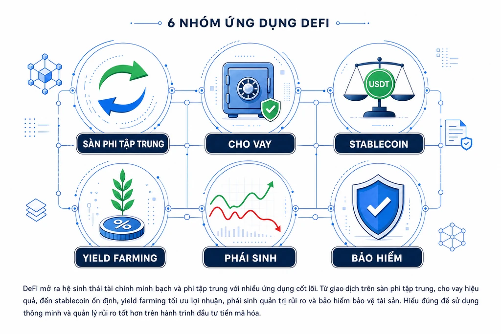 Infographic 6 ứng dụng DeFi phổ biến: sàn phi tập trung, cho vay, stablecoin, yield farming, phái sinh và bảo hiểm