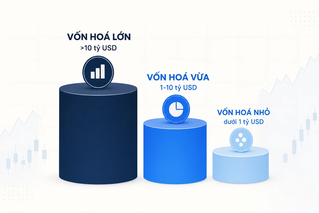 Ba khối vốn hóa crypto giảm dần: lớn trên 10 tỷ USD, vừa 1 đến 10 tỷ USD, nhỏ dưới 1 tỷ USD