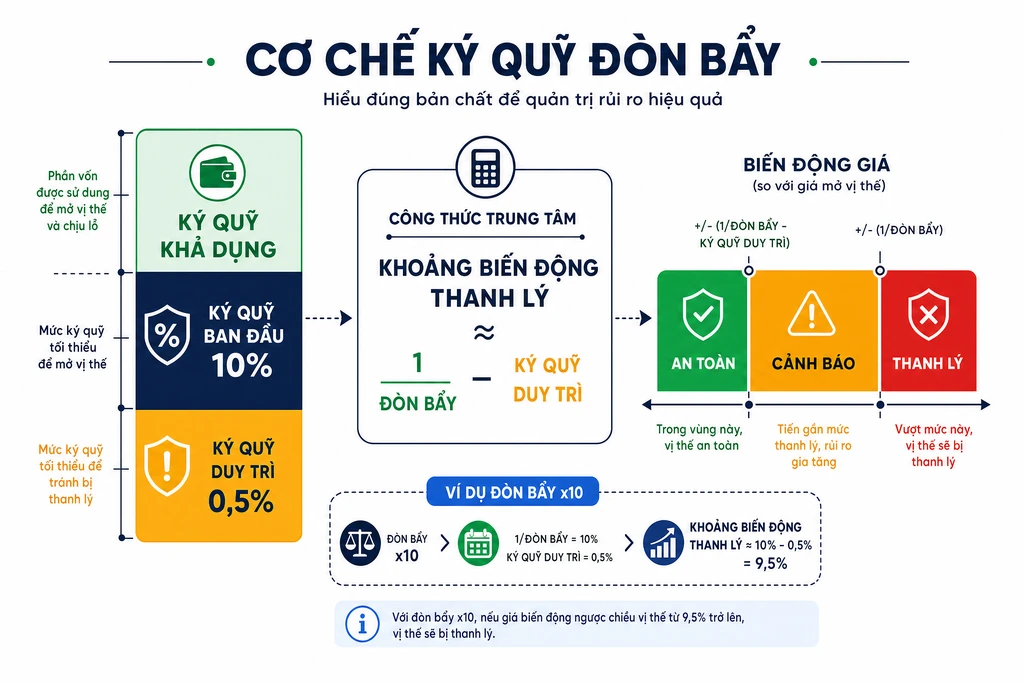 Sơ đồ cơ chế ký quỹ ban đầu và ký quỹ duy trì trong giao dịch đòn bẩy crypto với vùng thanh lý