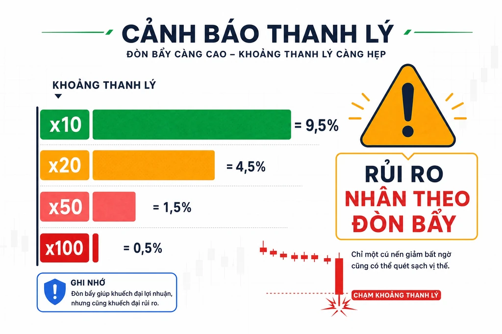 Infographic cảnh báo rủi ro thanh lý toàn phần khi dùng đòn bẩy x50 x100 với biến động nhỏ