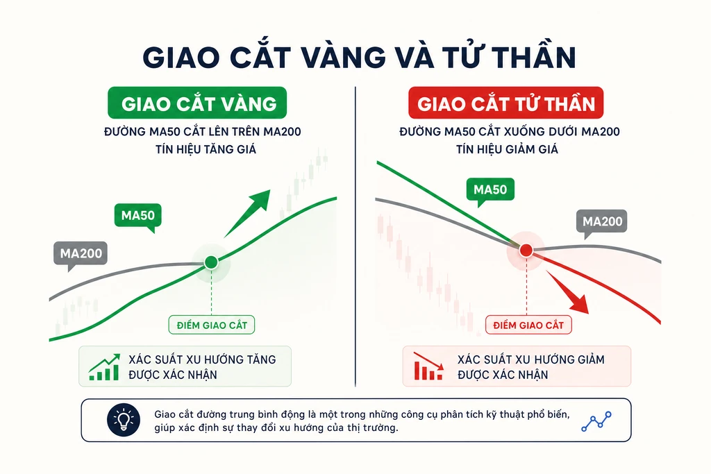 Sơ đồ minh hoạ Golden Cross và Death Cross giữa đường MA50 và MA200 với mũi tên tăng giảm rõ ràng