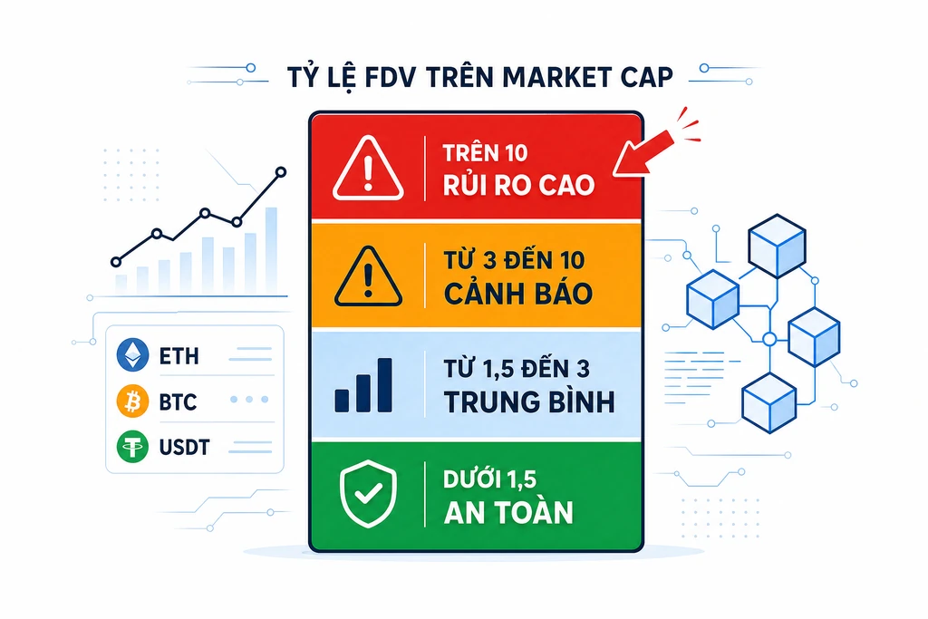 Biểu đồ bốn vùng ngưỡng tỷ lệ FDV chia market cap với vùng an toàn xanh và vùng cảnh báo pha loãng đỏ đậm cho altcoin