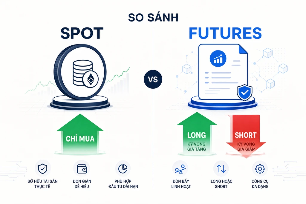 Sơ đồ so sánh futures crypto và spot với đòn bẩy long short và không đòn bẩy chỉ mua