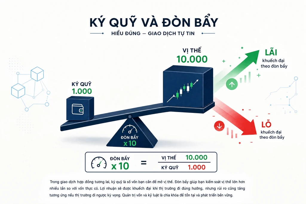 Sơ đồ cơ chế ký quỹ và đòn bẩy trong giao dịch futures crypto với công thức margin