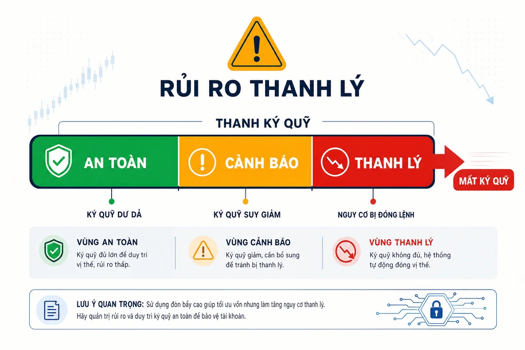 Infographic cảnh báo rủi ro thanh lý trong futures crypto với vùng ký quỹ giảm dần và mốc thanh lý