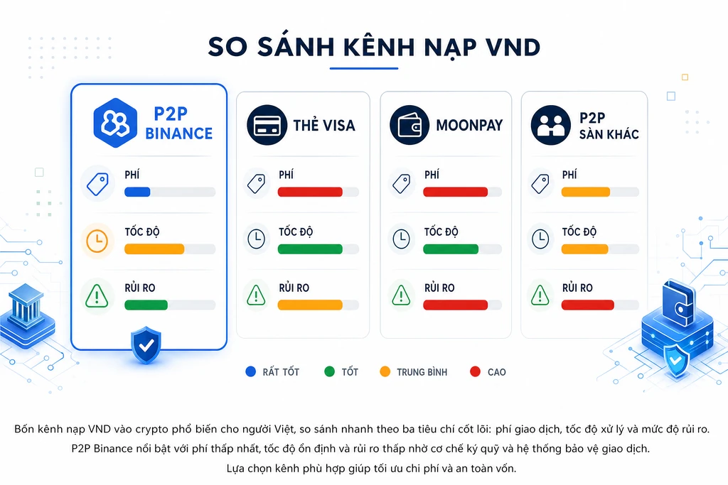 Infographic so sánh bốn kênh nạp VND vào crypto về phí, tốc độ và rủi ro pháp lý cho người Việt