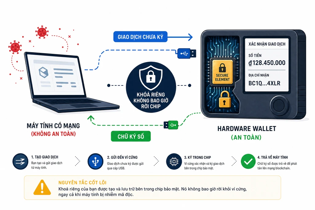 Sơ đồ giải phẫu hardware wallet: chip Secure Element cách ly khoá riêng, quy trình ký giao dịch offline không xuất khoá ra ngoài