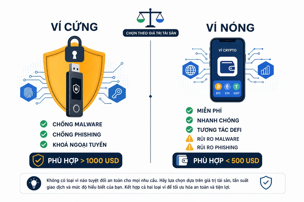 Sơ đồ so sánh hardware wallet ngoại tuyến và software wallet trực tuyến, đối chiếu bảo mật, tốc độ và mức tài sản phù hợp