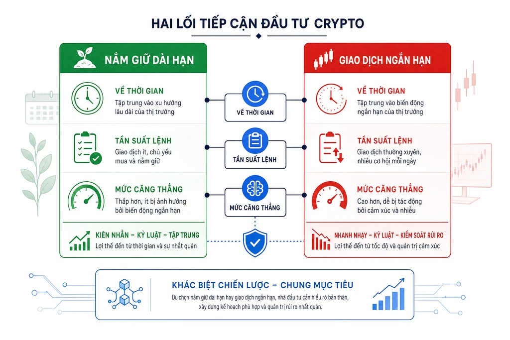 Sơ đồ so sánh hai lối tiếp cận nắm giữ dài hạn và giao dịch ngắn hạn về thời gian, tần suất lệnh và mức căng thẳng