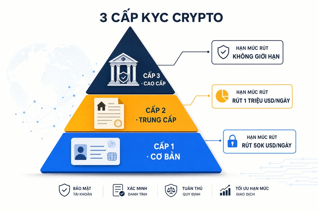 Infographic ba cấp KYC crypto dạng kim tự tháp: Cấp 1 cơ bản rút 50K USD, Cấp 2 trung cấp rút 1 triệu USD, Cấp 3 cao cấp không giới hạn