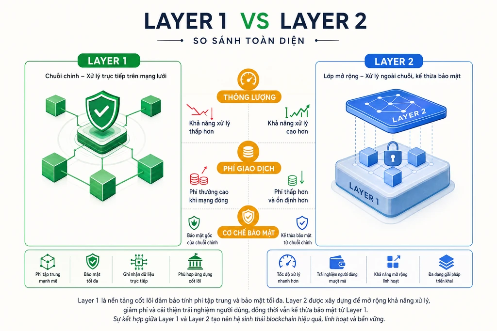 Infographic so sánh Layer 1 và Layer 2 blockchain qua các tiêu chí thông lượng, phí giao dịch và cơ chế bảo mật