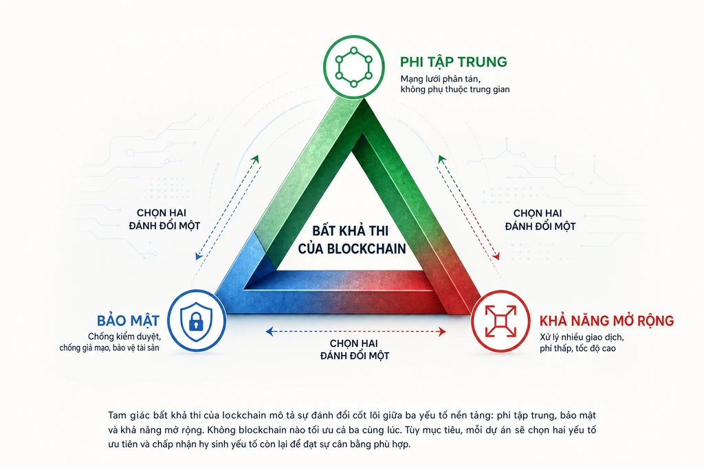 Sơ đồ tam giác bất khả thi của blockchain với ba đỉnh phi tập trung, bảo mật, khả năng mở rộng và mũi tên chọn hai