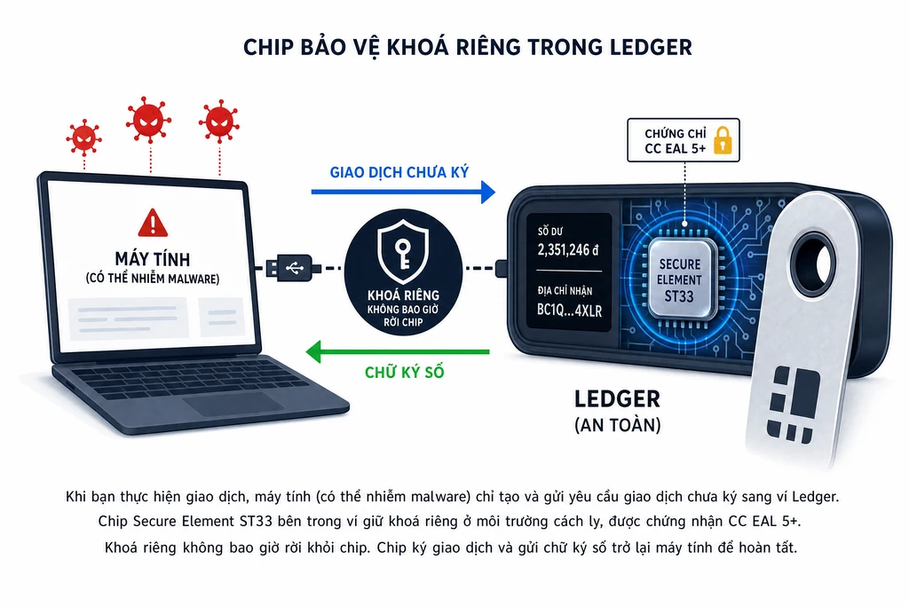 Sơ đồ chip Secure Element ST33 bên trong ví Ledger giữ khoá riêng cách ly và luồng ký giao dịch qua Ledger Live
