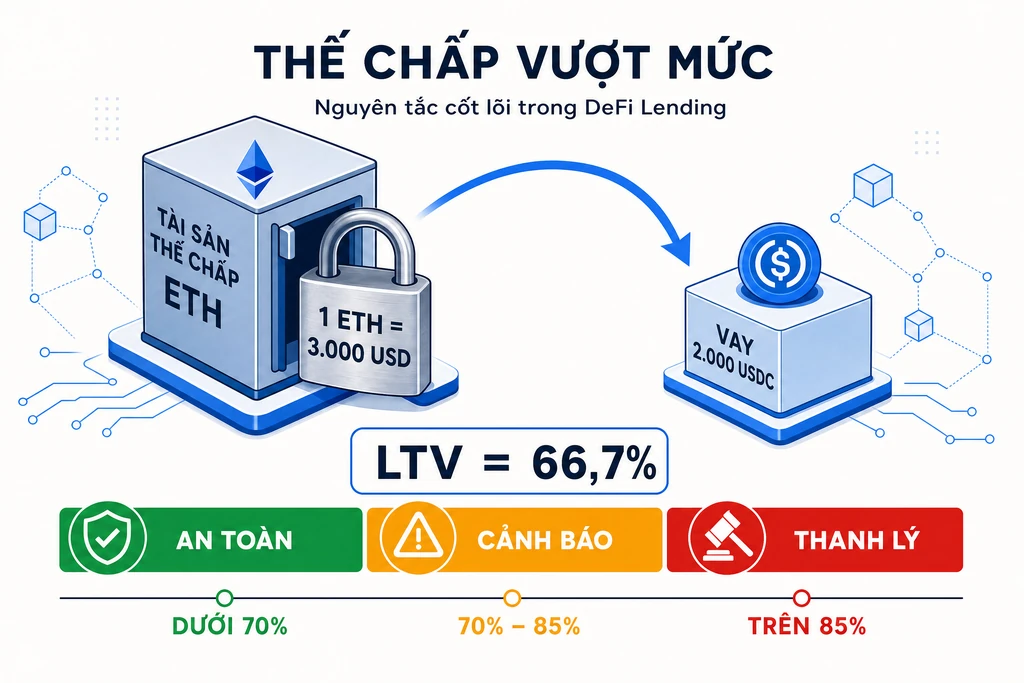 Sơ đồ thế chấp vượt mức DeFi lending: tài sản thế chấp 1 ETH 3.000 USD khoá bằng ổ khoá, vay 2.000 USDC, tỉ lệ LTV 66,7% và thanh ngưỡng thanh lý