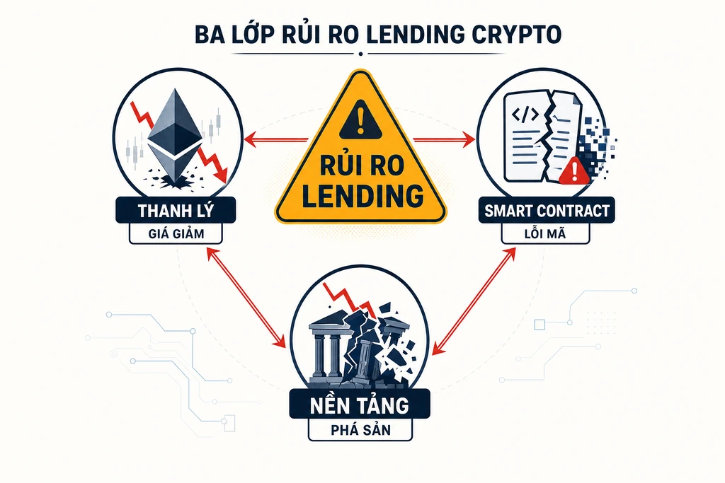 Infographic ba lớp rủi ro lending crypto xếp tam giác cảnh báo: thanh lý giá giảm, lỗi smart contract và nền tảng phá sản trong khung amber cảnh báo