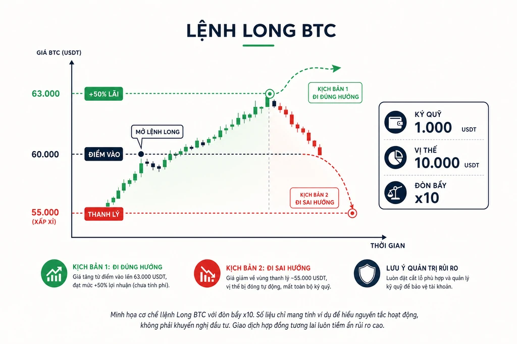 Sơ đồ ví dụ vào lệnh long BTC đòn bẩy x10 với ký quỹ 1000 USDT, vùng lãi 50 phần trăm và vùng thanh lý cưỡng bức