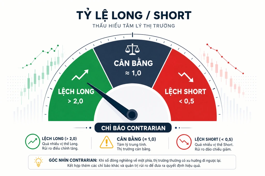 Infographic đọc long short ratio với kim đồng hồ chỉ ba vùng lệch long, cân bằng và lệch short làm chỉ báo contrarian